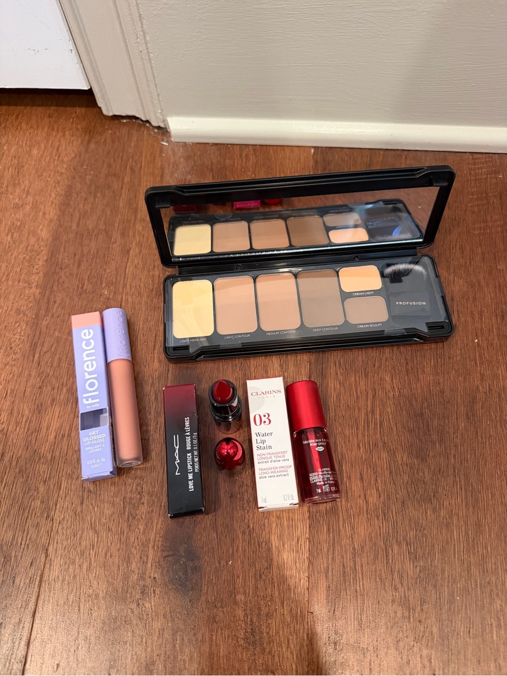 Profusion contour set, Florence lip gloss, MAC lipstick, clarins lip stains